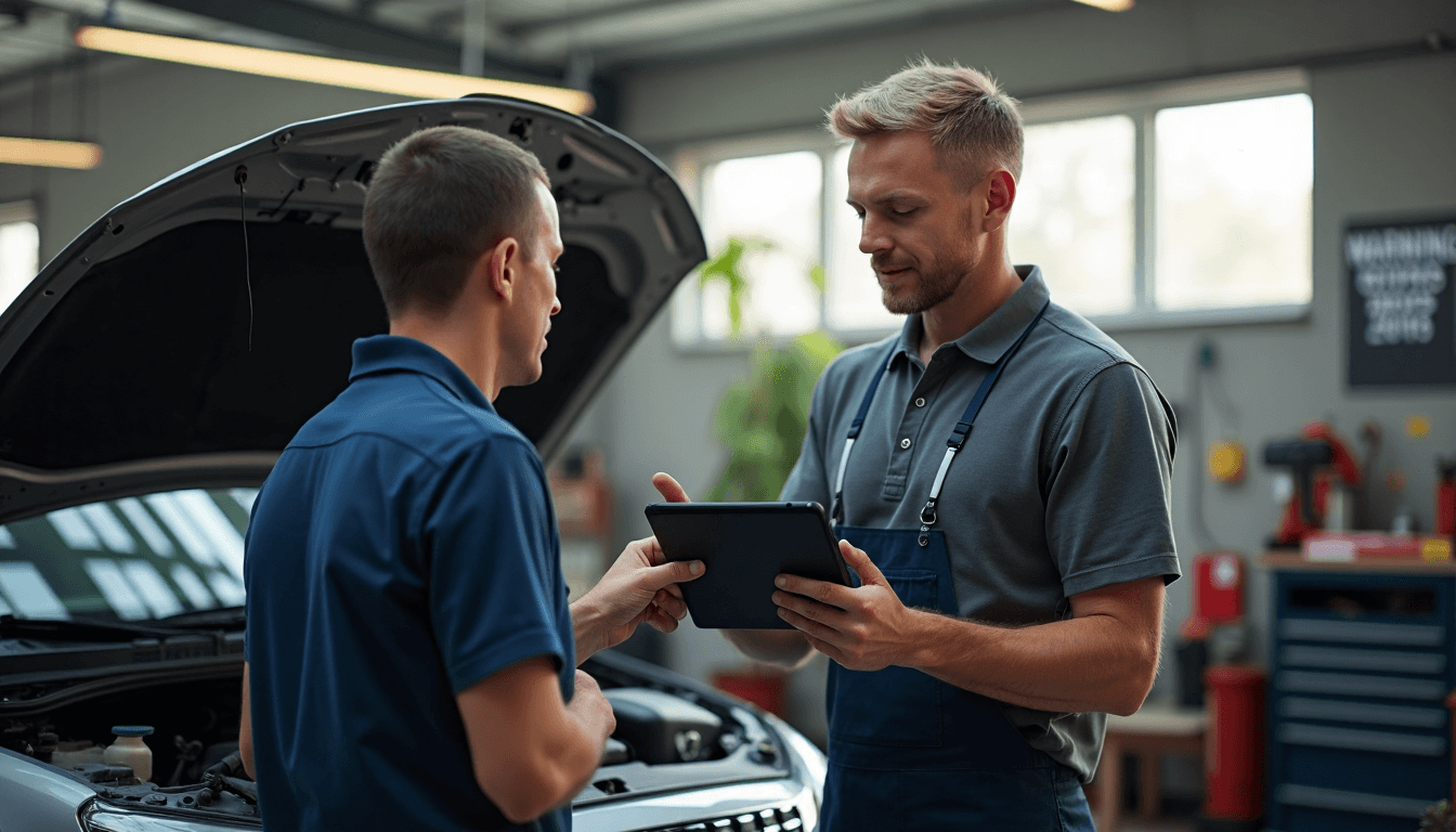 Mechanic and owner reviewing diagnostic error codes in workshop