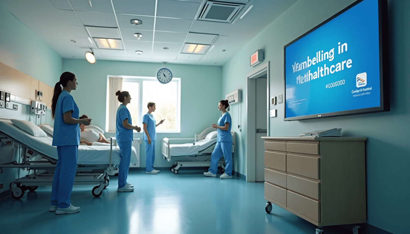 Hospital team reviewing patient care with clear labelling signage