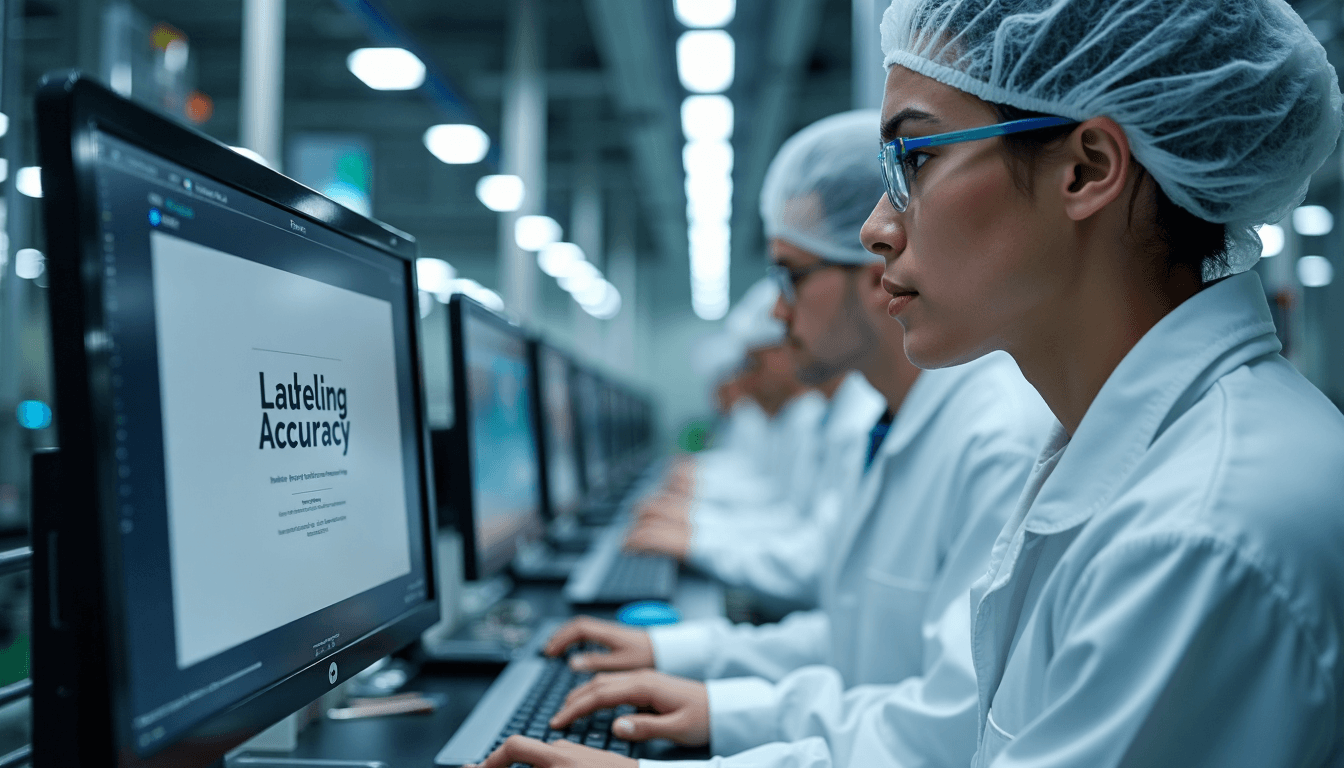 Technicians supervising pharmaceutical labelling machine for accuracy