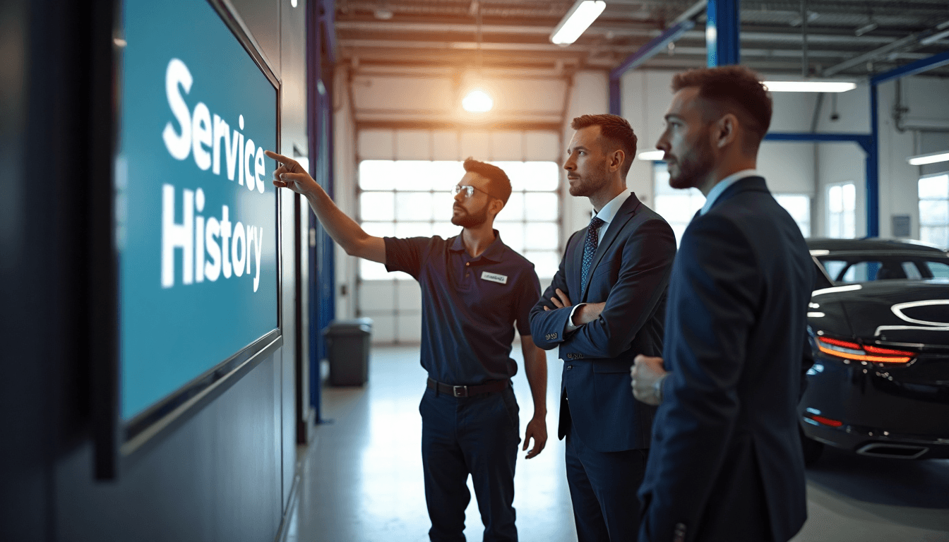 Mechanics and manager reviewing car service history in workshop