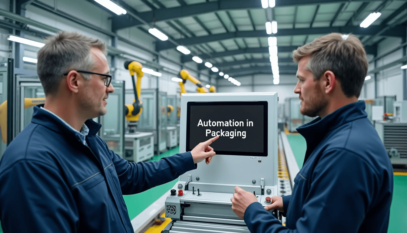 Engineers and robots working on automated packaging line