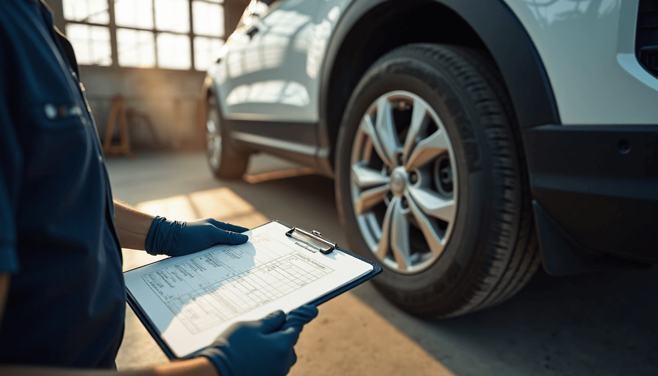 Mechanic performing tyre and brake inspection with checklist visible