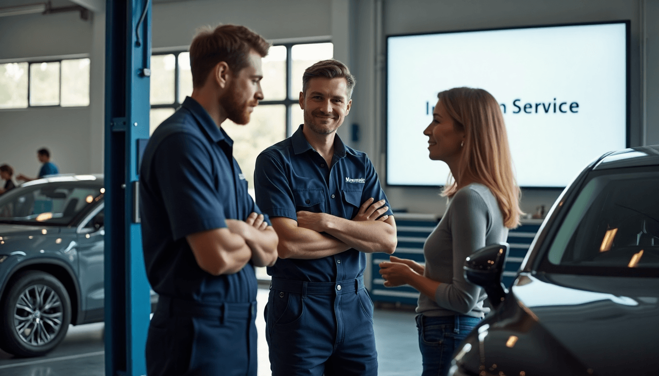 Mechanics and driver discuss car by digital interim service screen