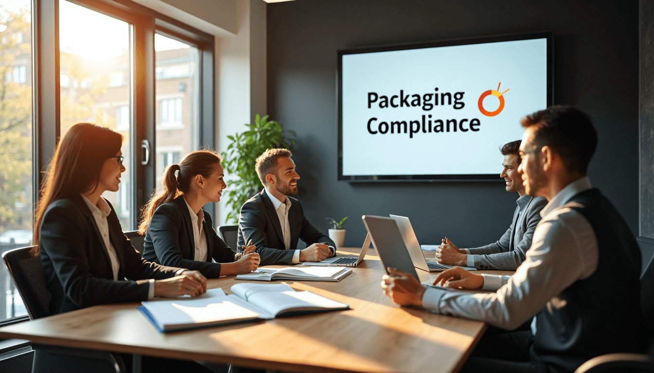 Packaging compliance team meeting in busy sunlit office