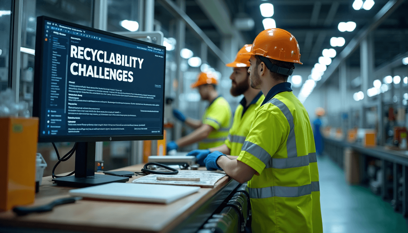 Workers inspecting packaging line for recyclability compliance