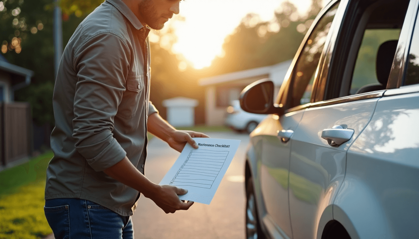 Driver walking around car with maintenance checklist at driveway
