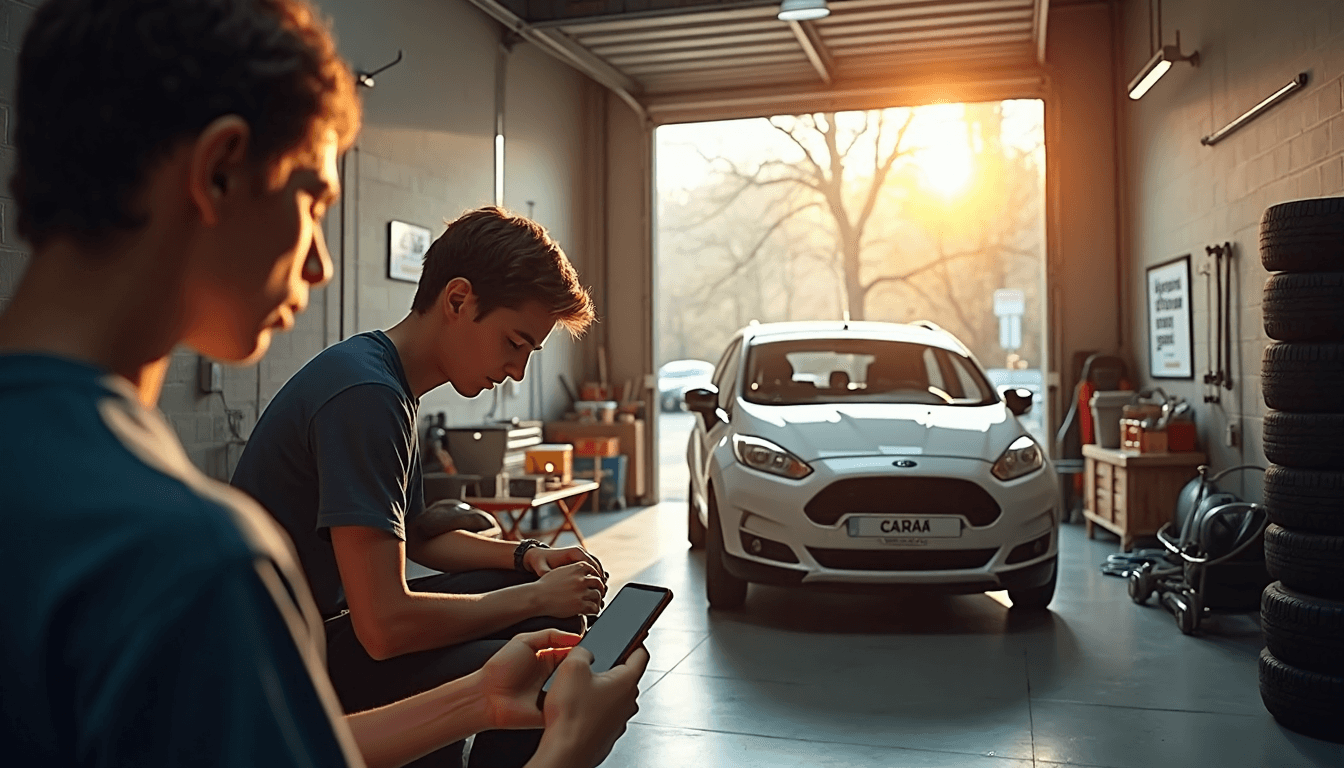 People using checklist app and checking car oil in garage
