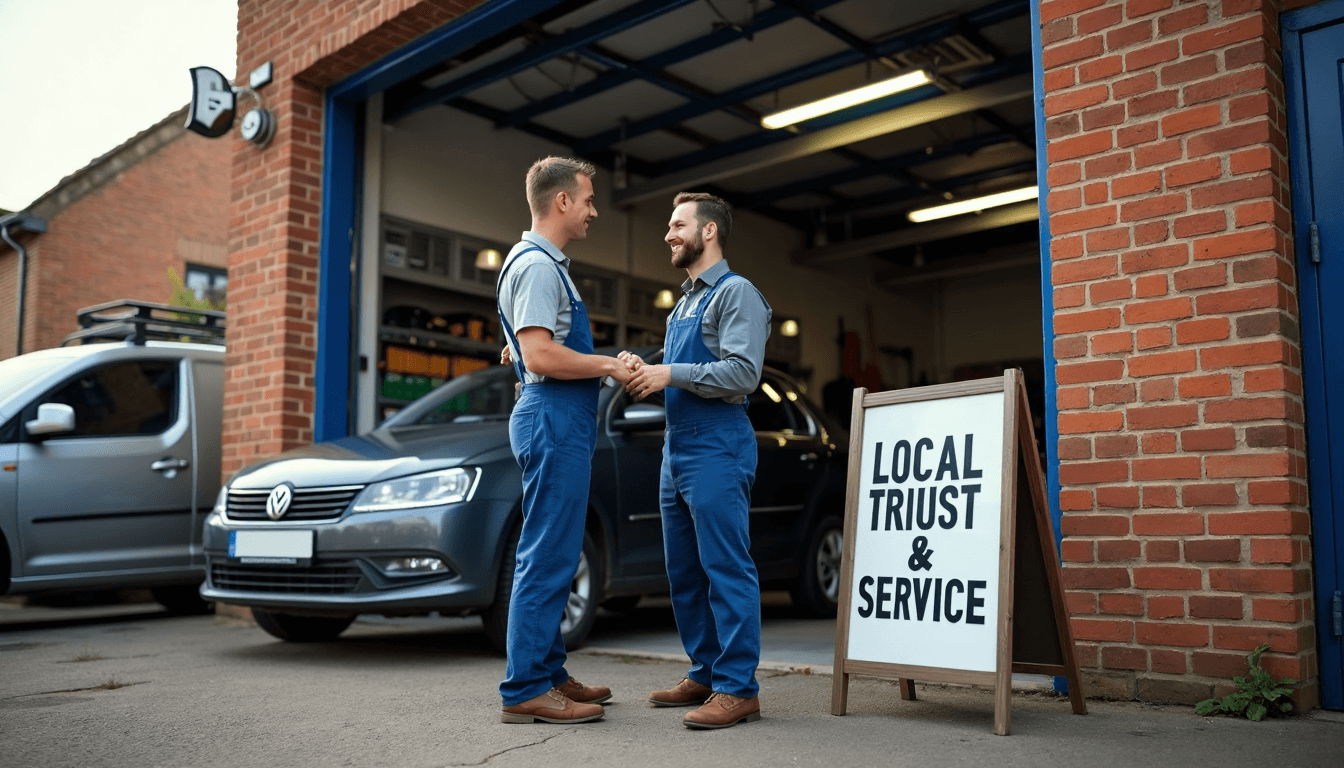 Local garage exterior with mechanic and customer handshake