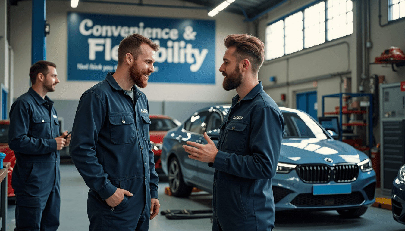 Local garage service bay with mechanics and customer