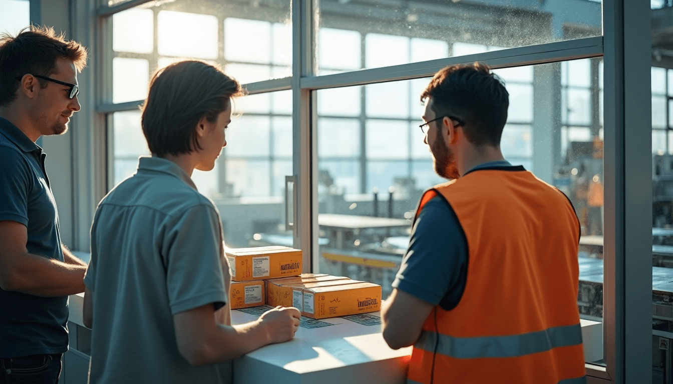Team collaborating beside labeling machine in sunny industrial facility