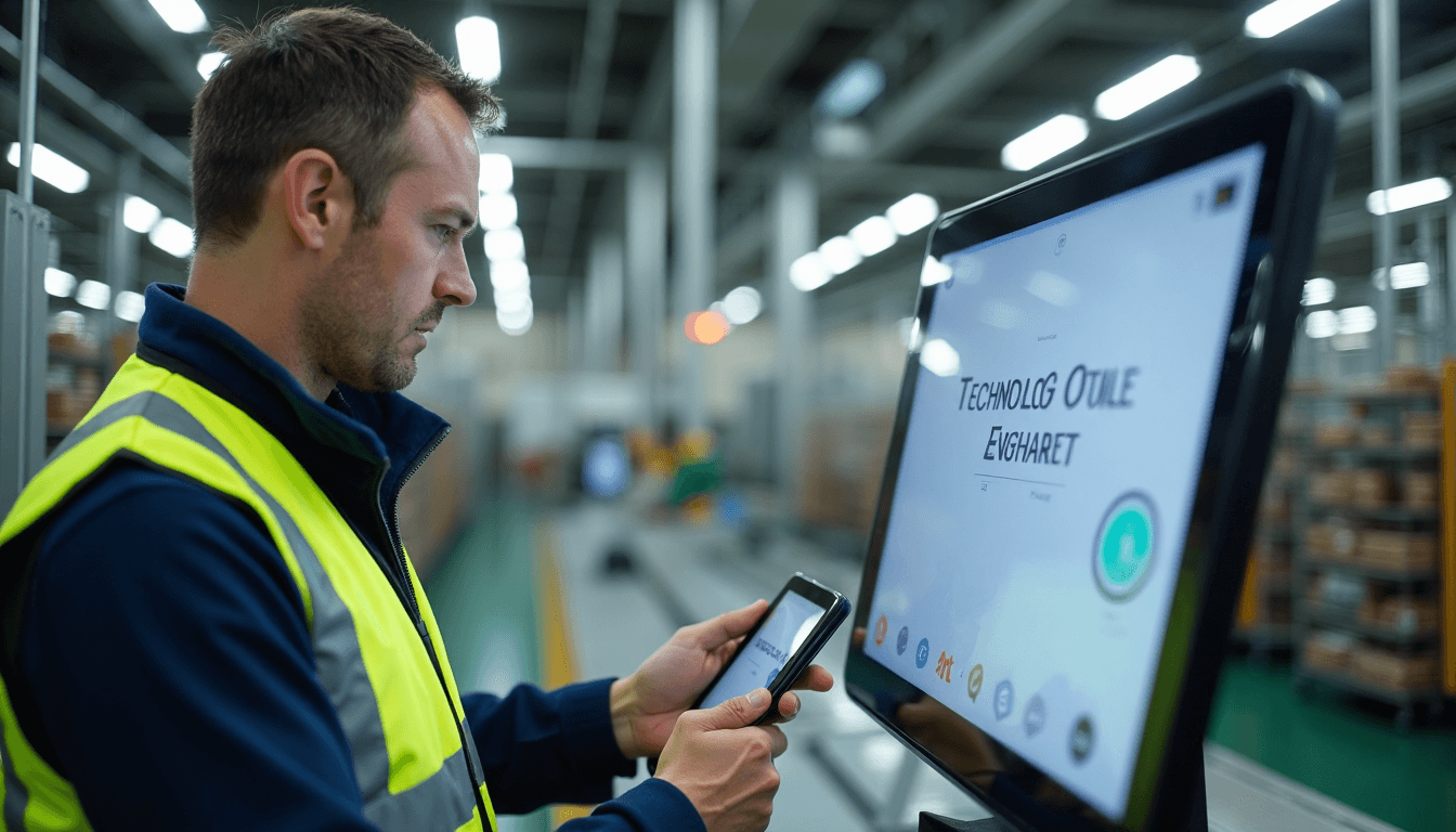 Technician inspecting labels beside touchscreen in bright plant