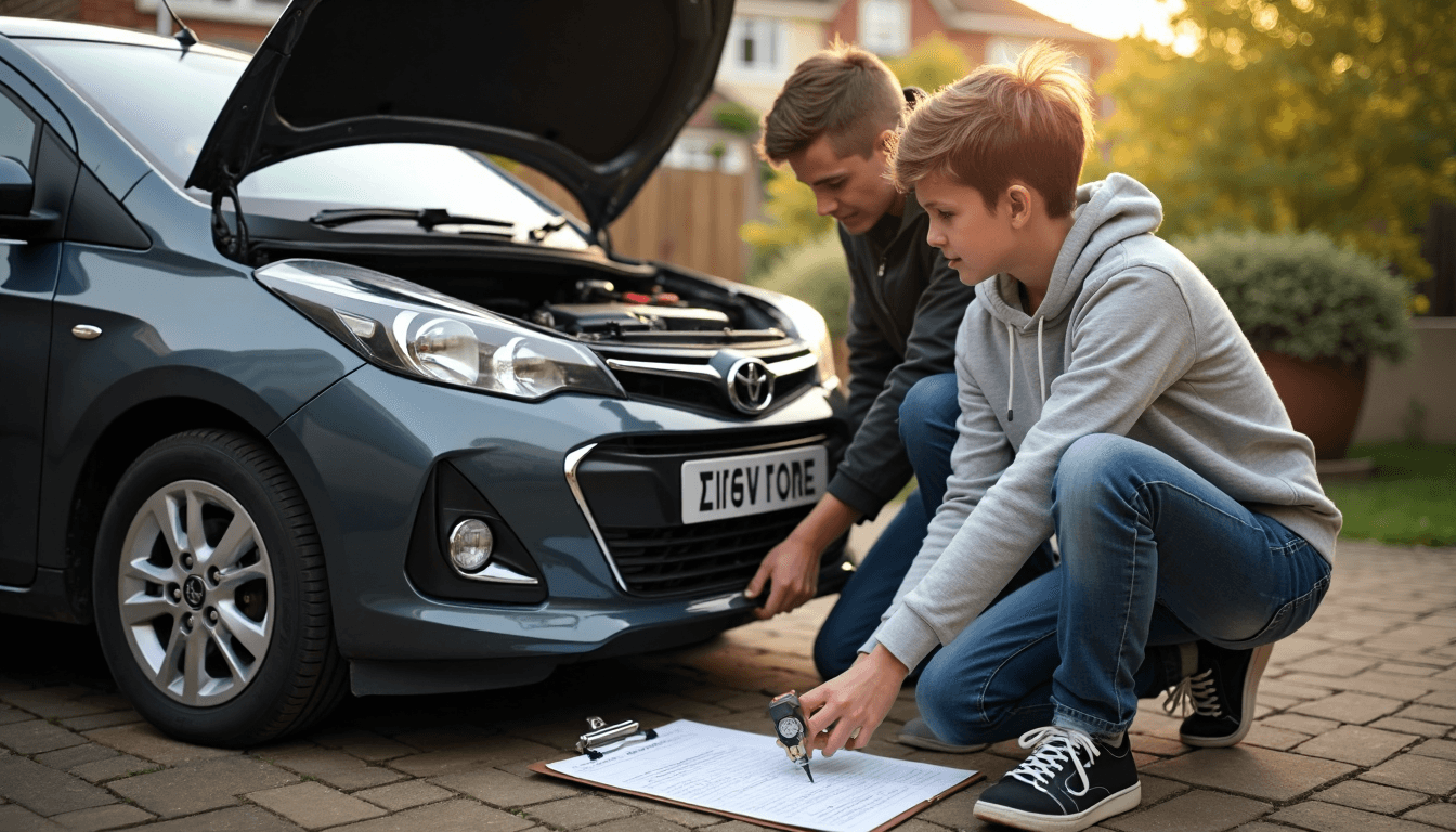 Family performs weekly car safety checks on driveway