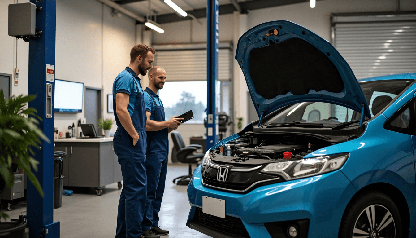 Mechanic and customer discussing car service in bright UK garage
