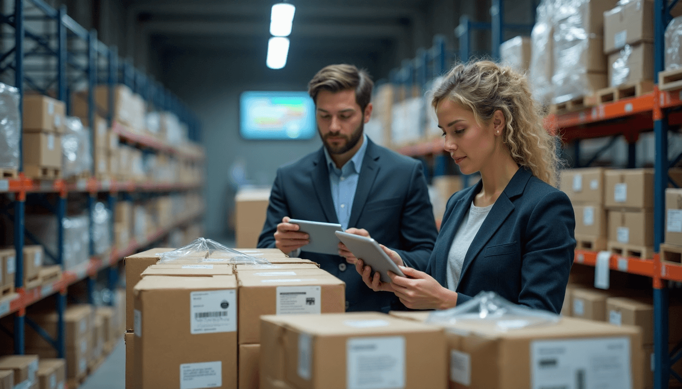 Warehouse staff scanning labelled packages, digital dashboard shows operational efficiency