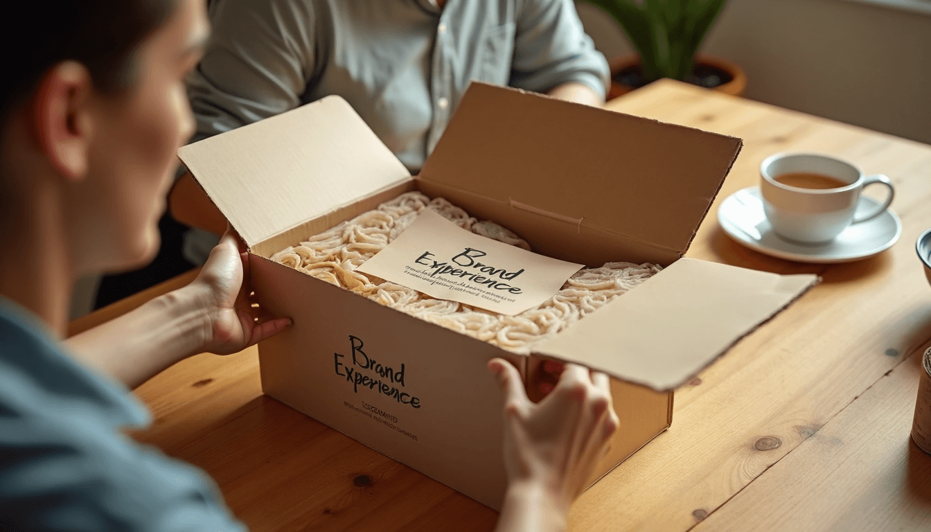 Consumer unboxing sustainable packaging showing brand experience label