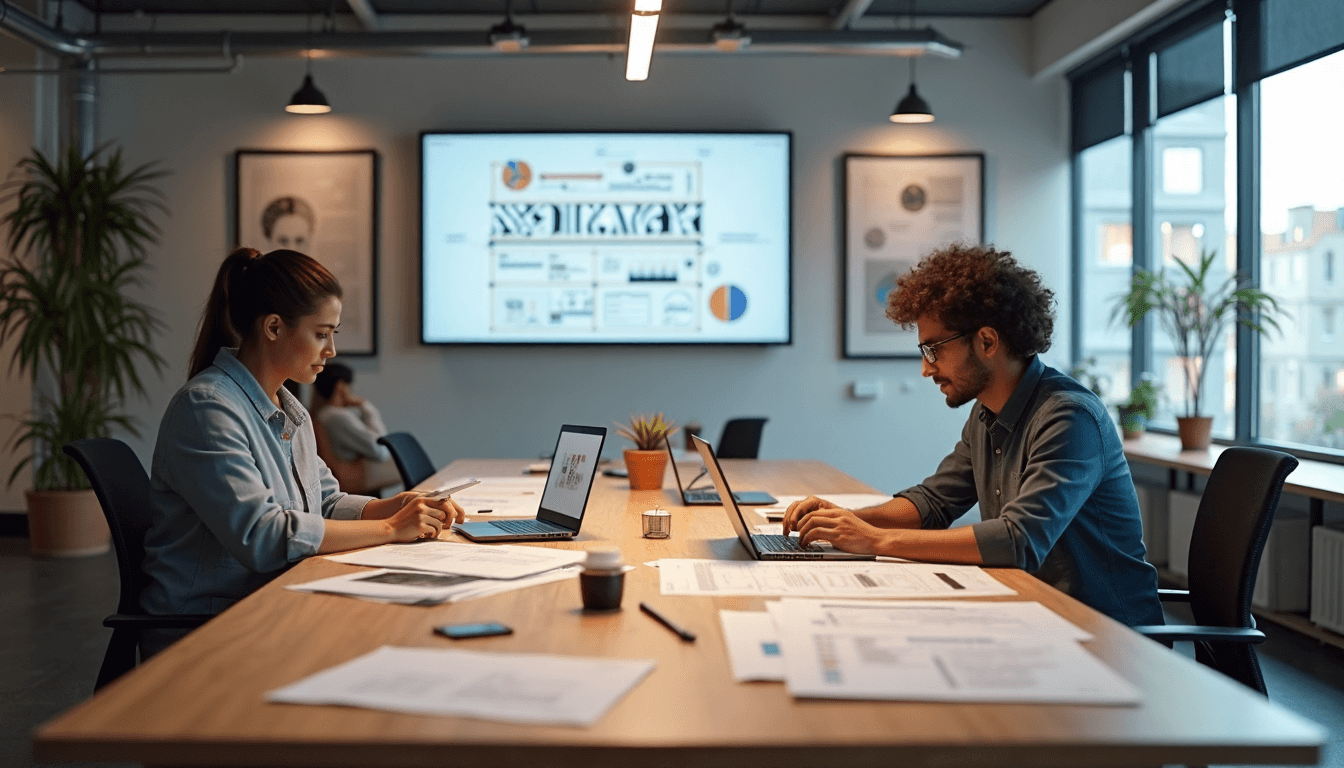 Packaging designers collaborating in modern workspace with strategy visuals