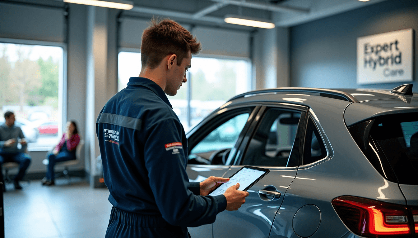 Technician servicing hybrid car in UK garage with Hybrid Service signage