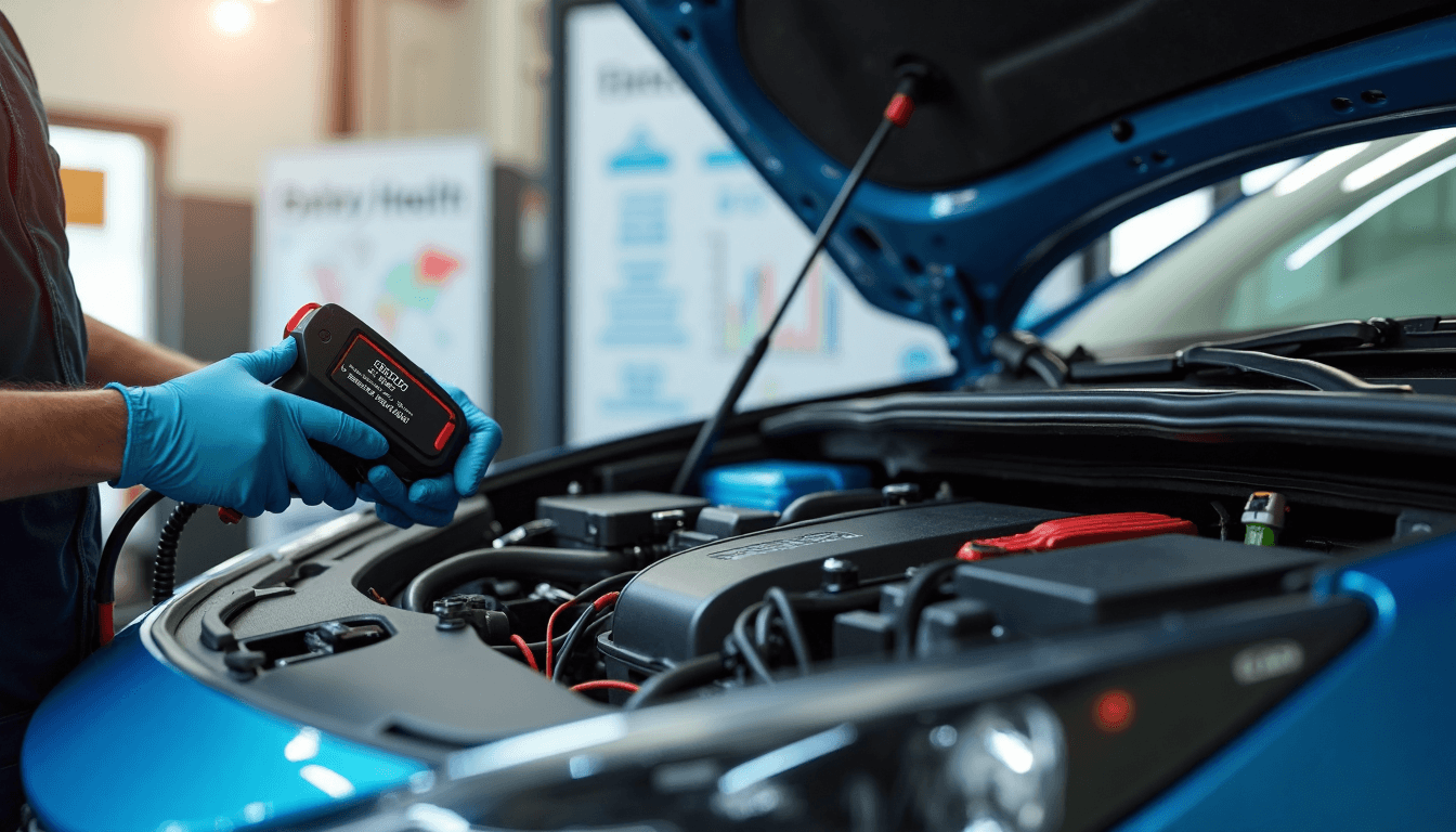 Technician checking hybrid battery and electrical systems during service