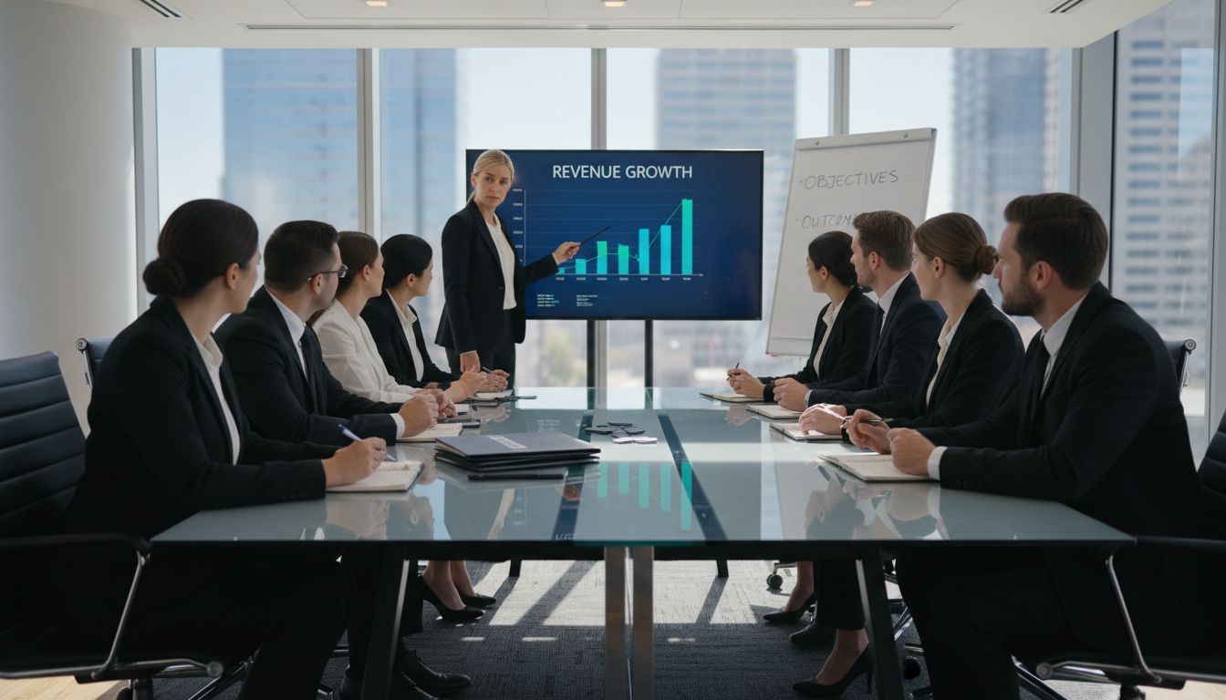 Manager leading sales team meeting in office