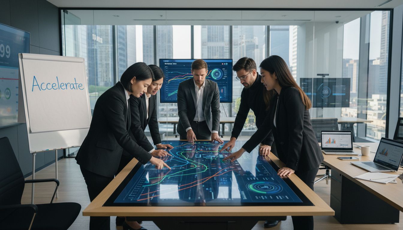 Sales team collaborating on digital pipeline in office