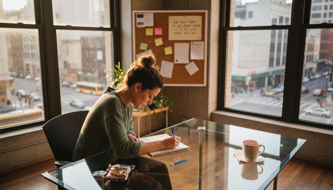 Professional woman brainstorming in sunlit corner office