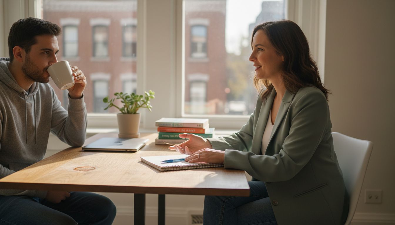 Wellbeing coach and client in relaxed office session