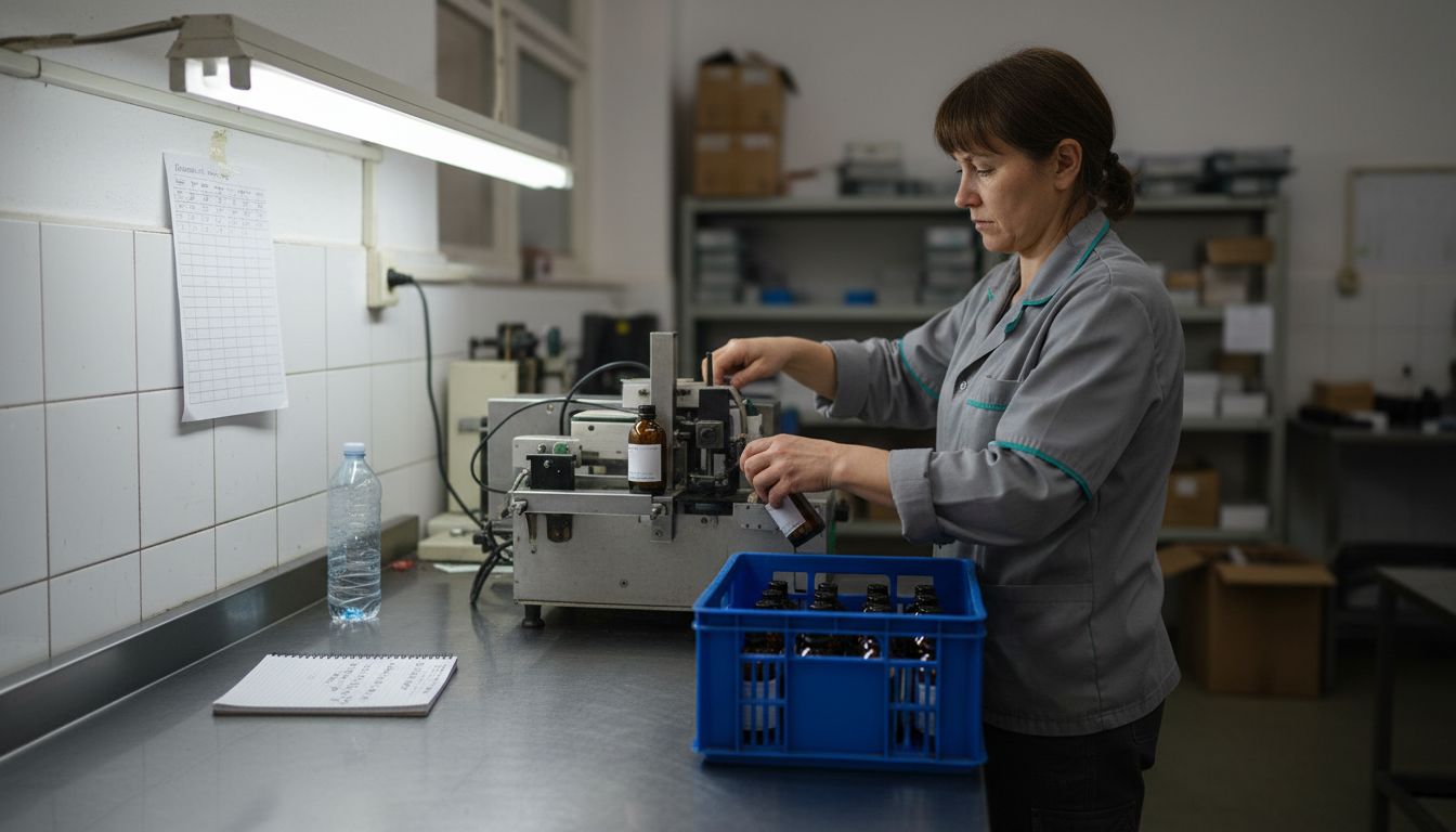 Technician manually labeling and sorting bottles