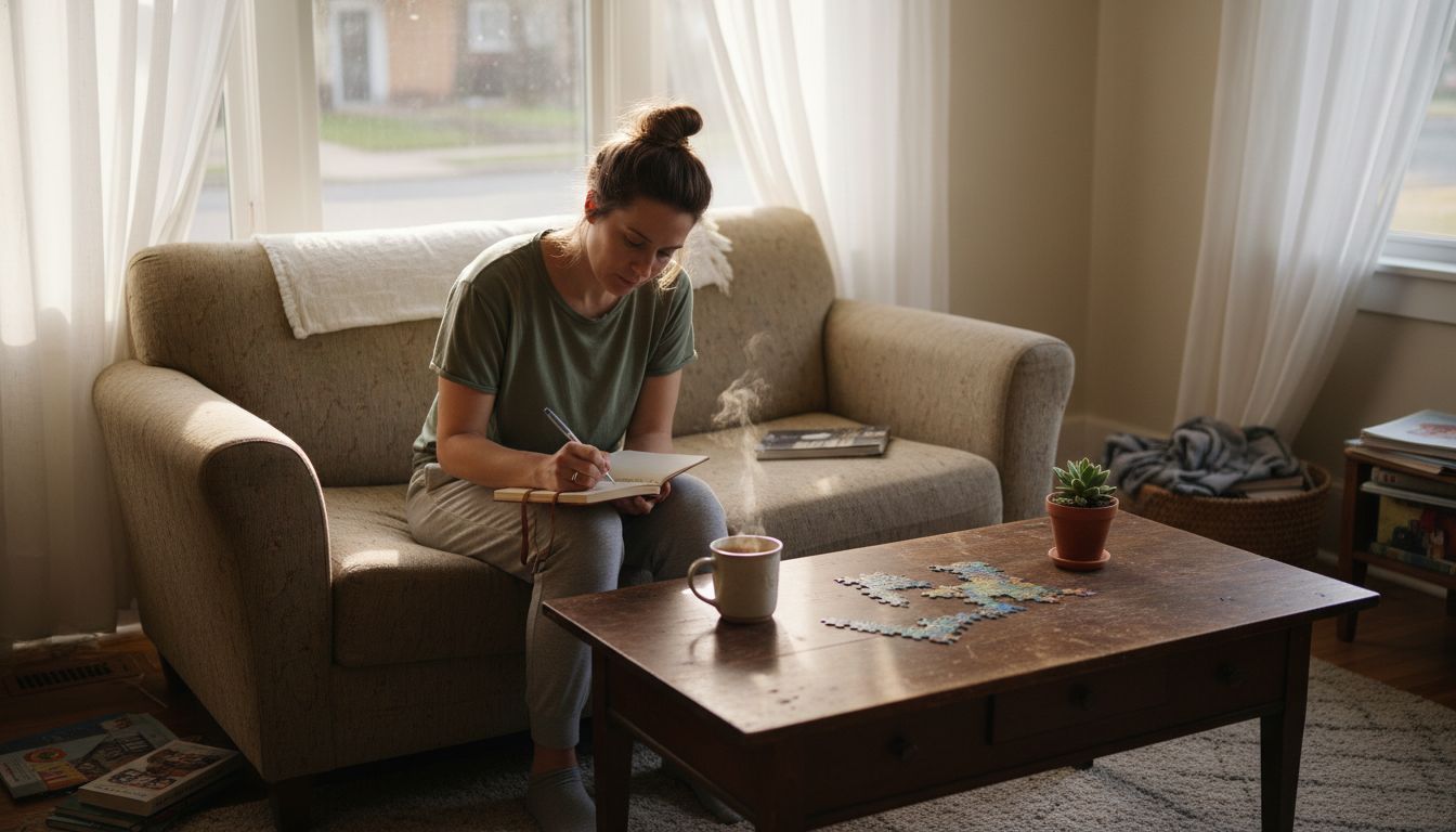 Woman practicing resilience strategies at home
