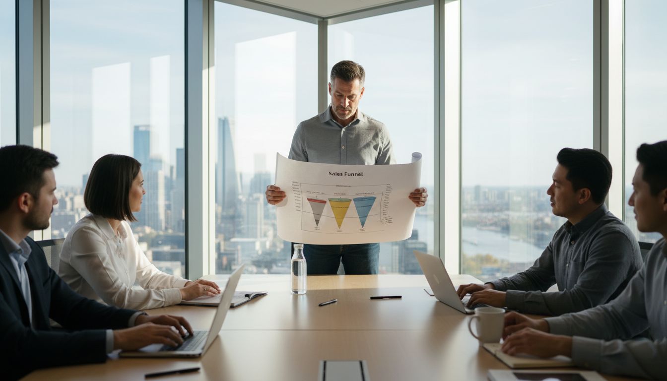 Sales team leader reviews sales cycle process