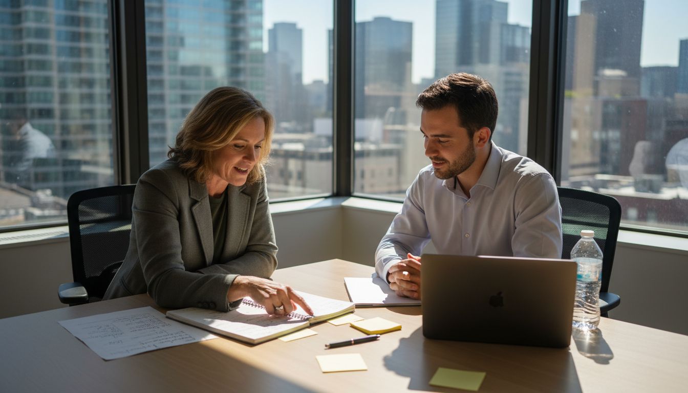 Coach and client collaborate in corner office