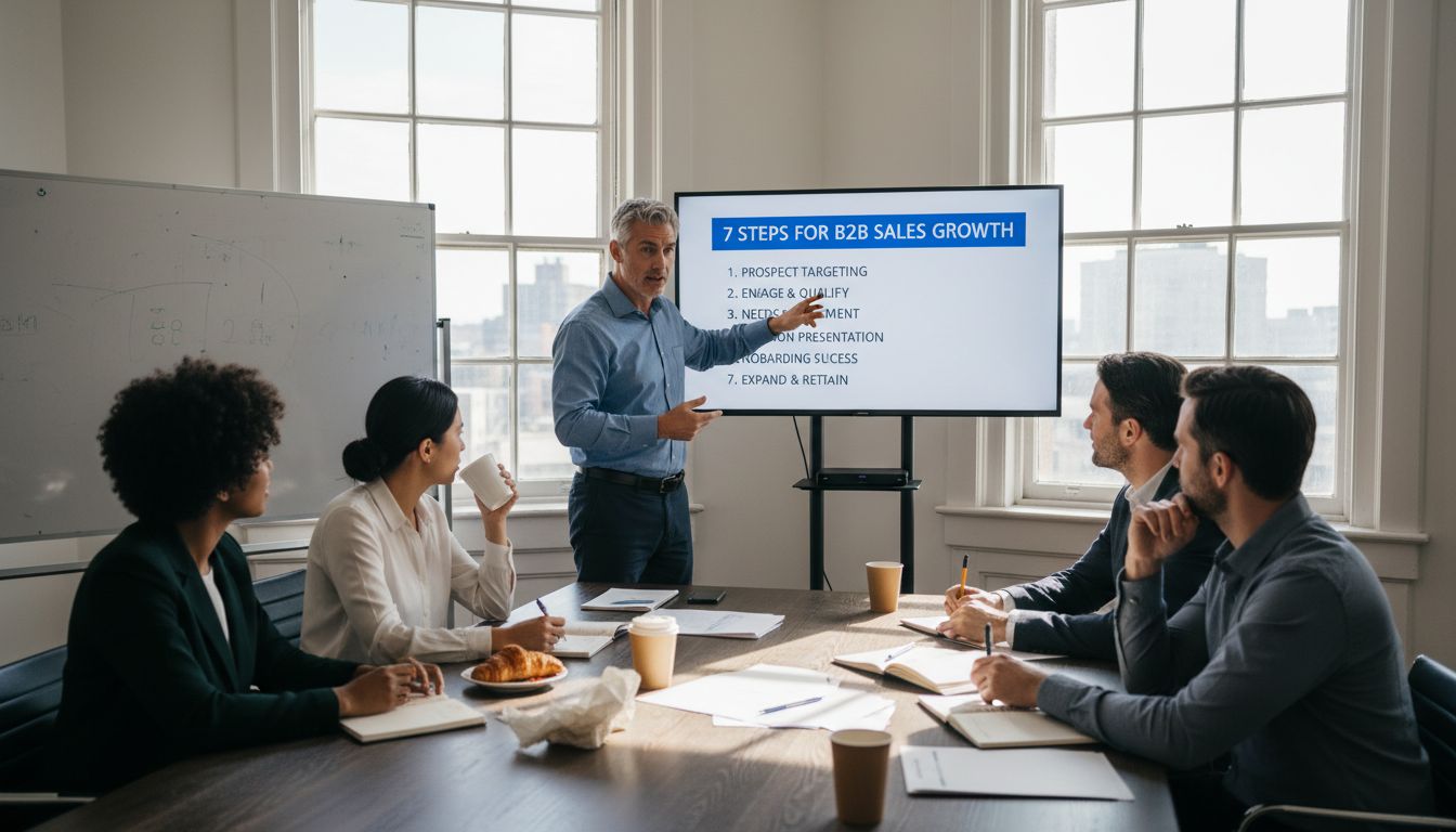 Sales leader heading B2B team meeting with checklist