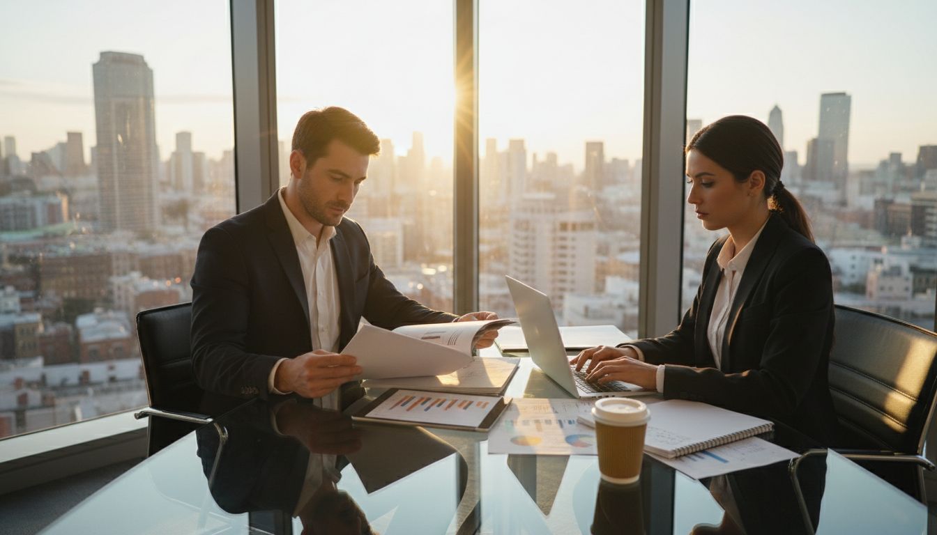 Busy sales team in high-rise office city view