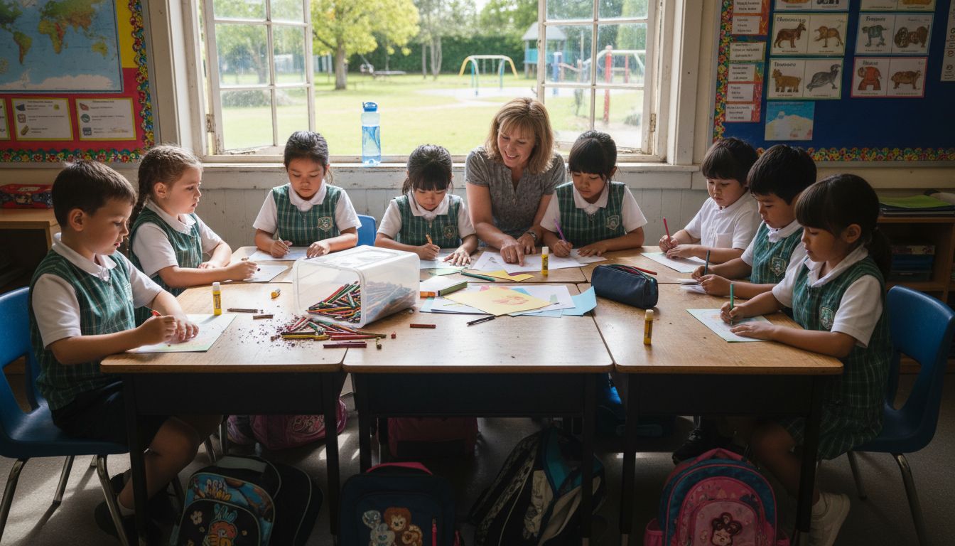 Students and teacher in a lively classroom