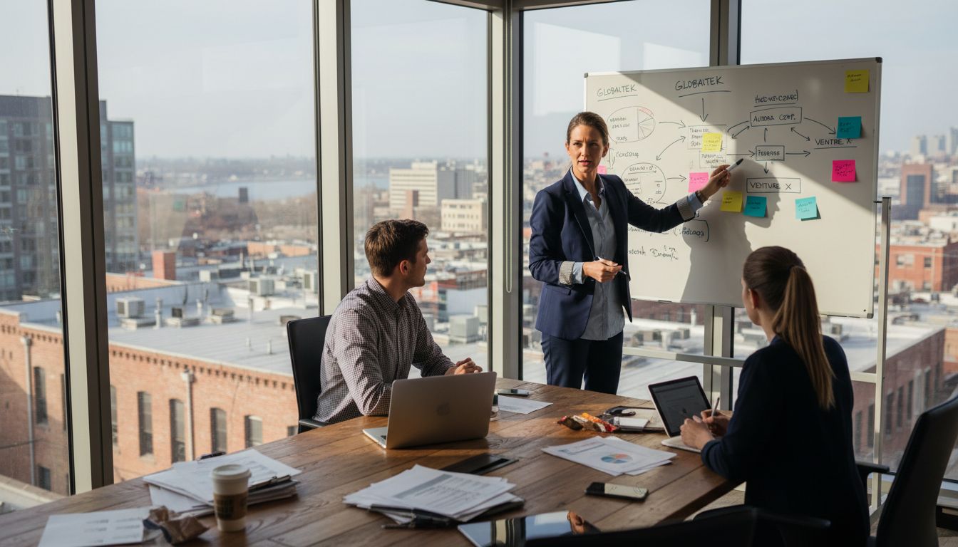 Sales team discussing qualification workflow in office