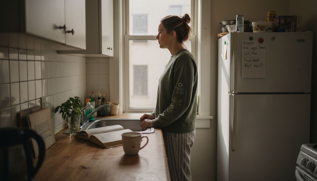 Woman reflecting in a cluttered kitchen window