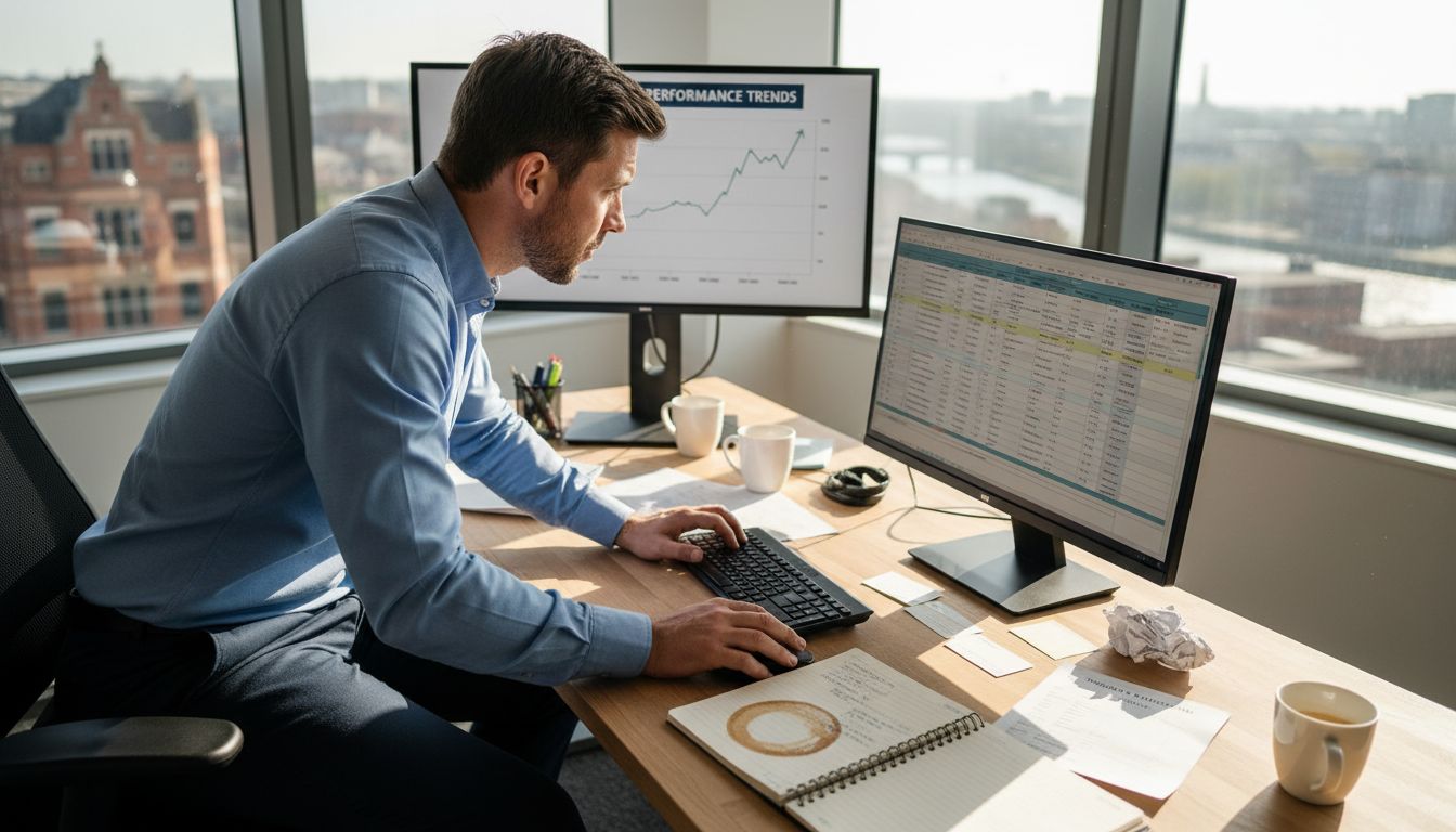 Sales manager tracking metrics at office desk