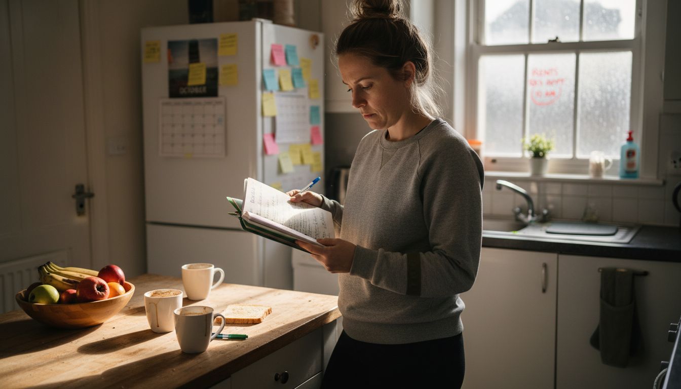 Woman reviewing wellbeing planner in kitchen