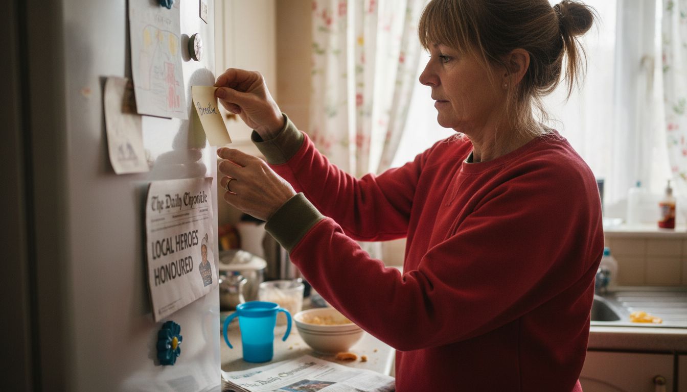 Woman posting breathe note in kitchen