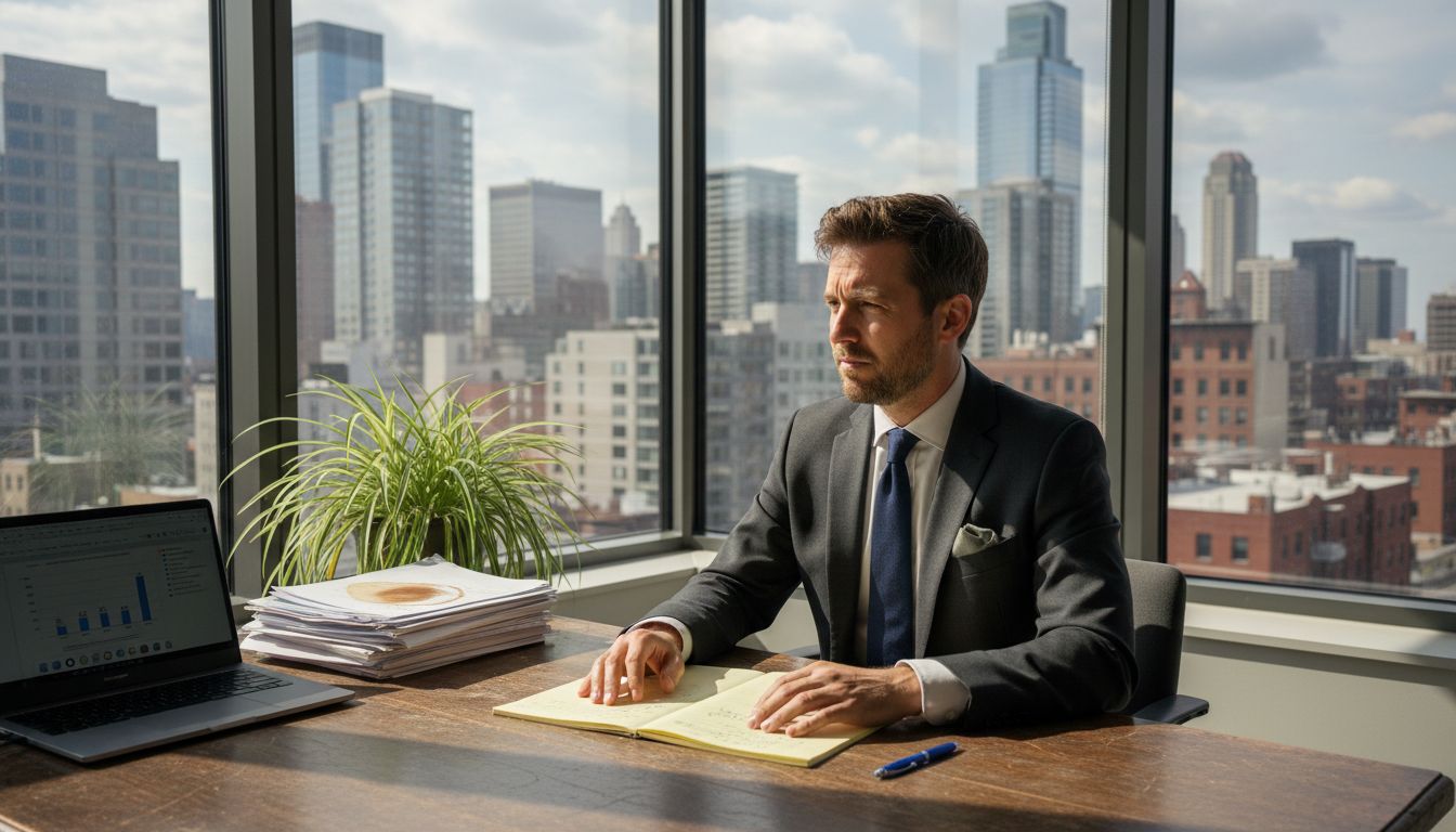 Professional reflecting at busy office desk