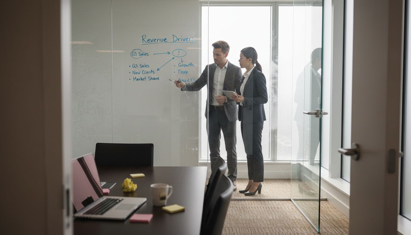 Team reviewing sales numbers on whiteboard