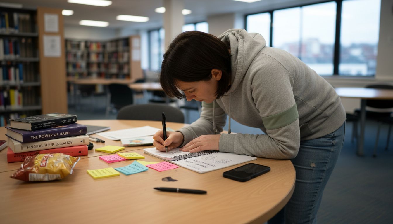 Woman planning wellbeing activities at table