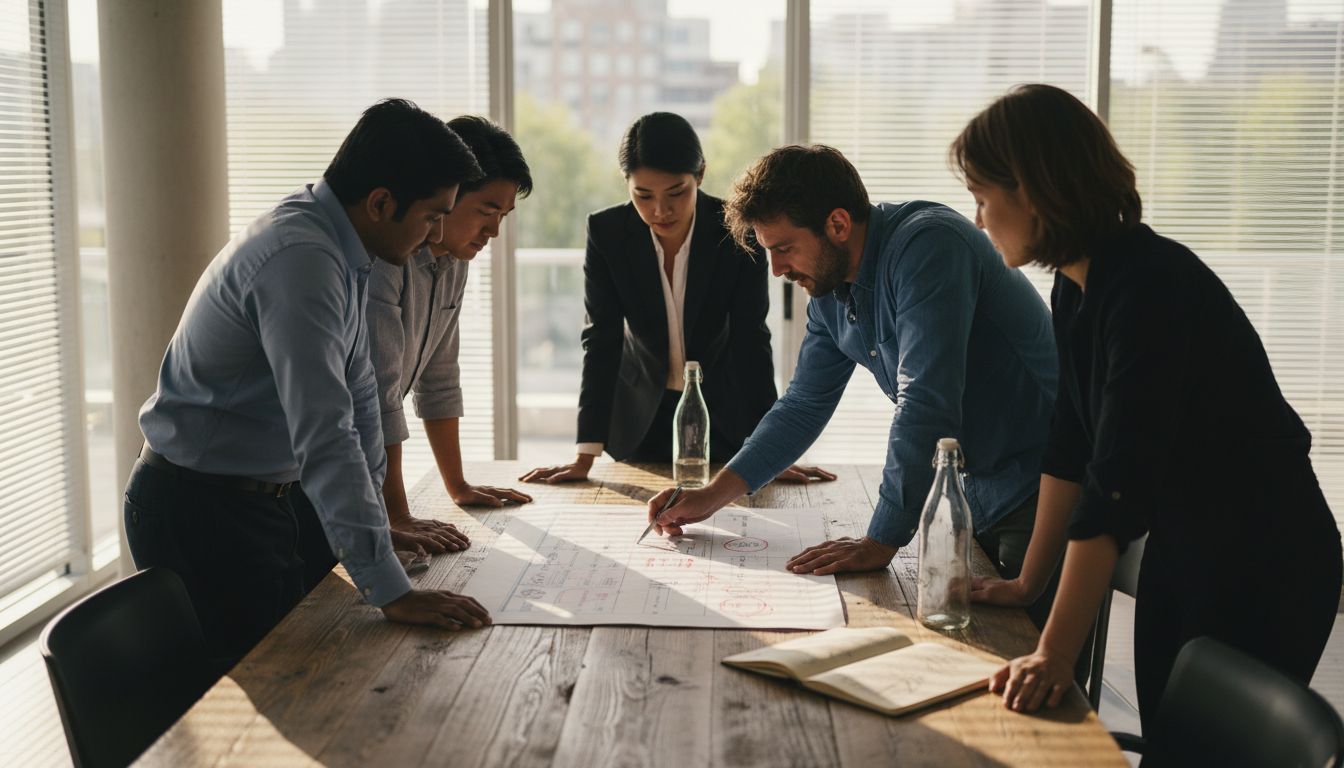 Sales team reviews printed pipeline chart