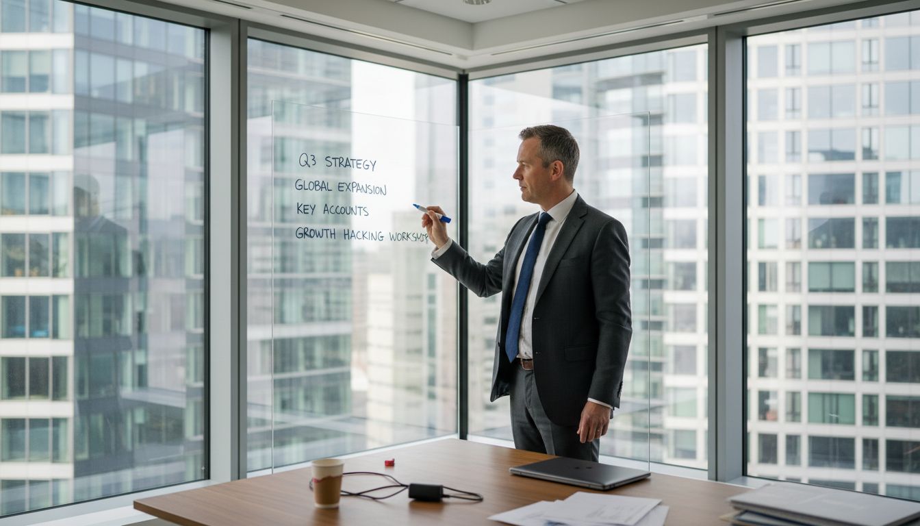 Sales director strategizing at whiteboard in corner office
