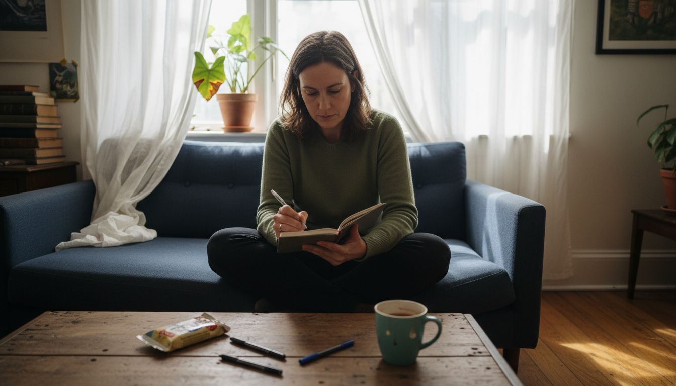 Woman tracking resilience in cozy apartment