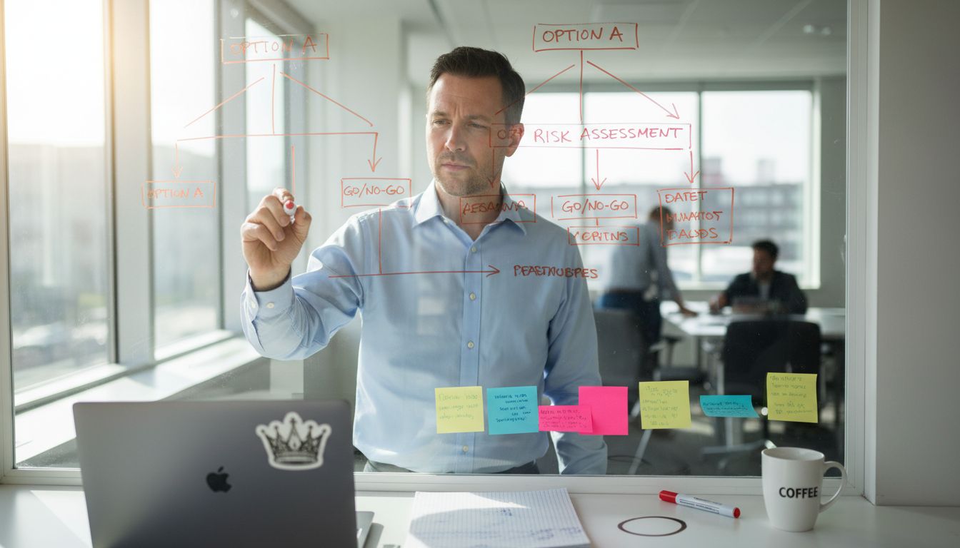 Manager mapping out sales workflow on whiteboard