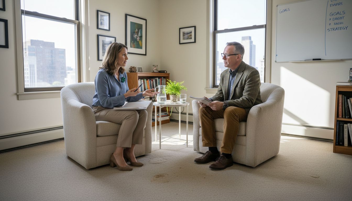 Life coach and client talking in sunny office