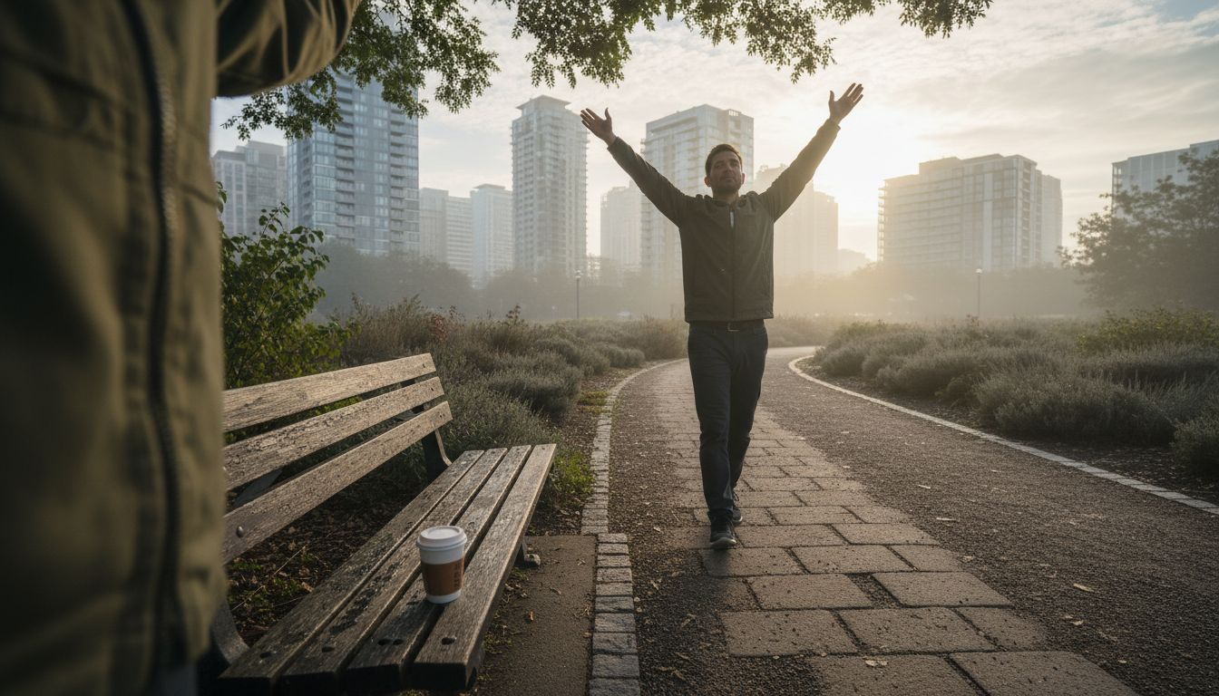 Morning walk in misty urban park