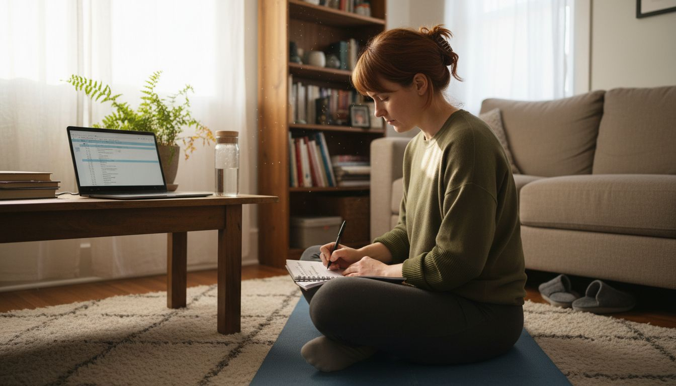 Woman journaling daily wellbeing on yoga mat