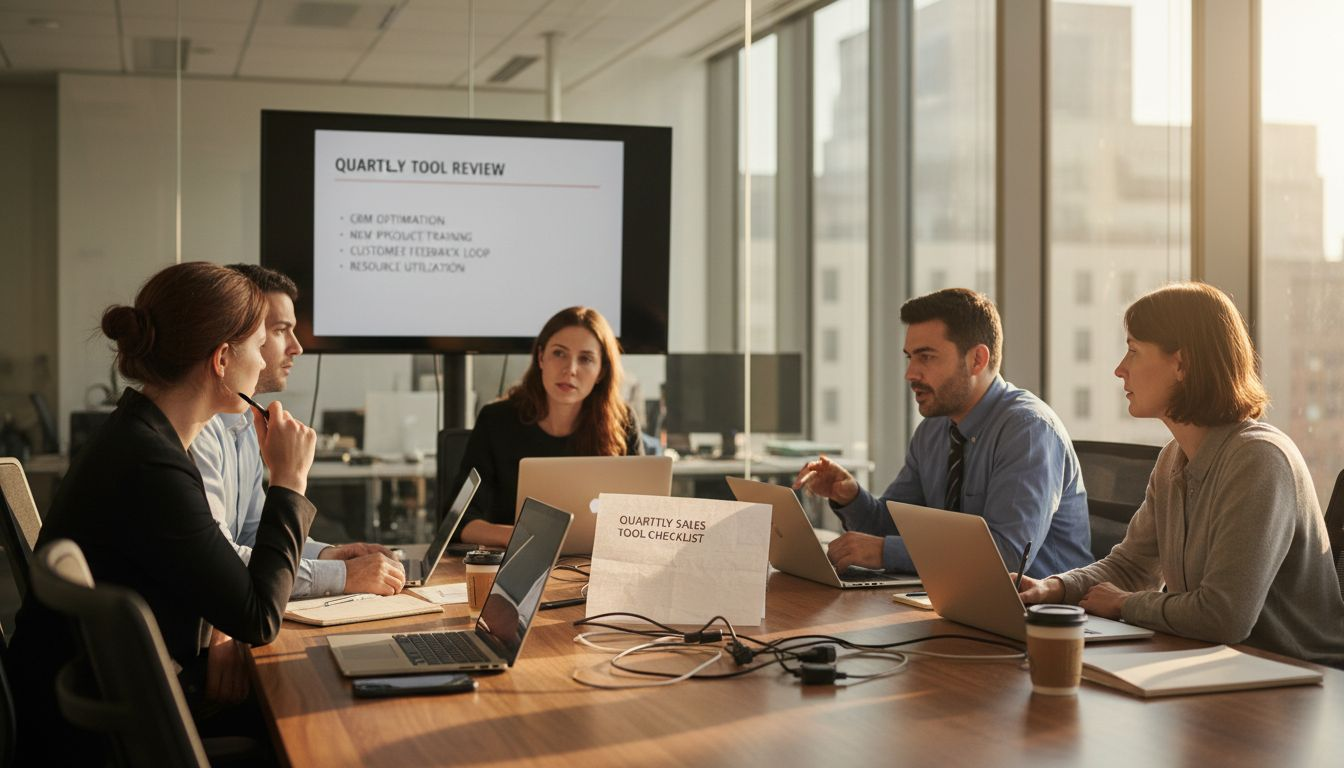 Sales team discusses enablement tools in meeting room