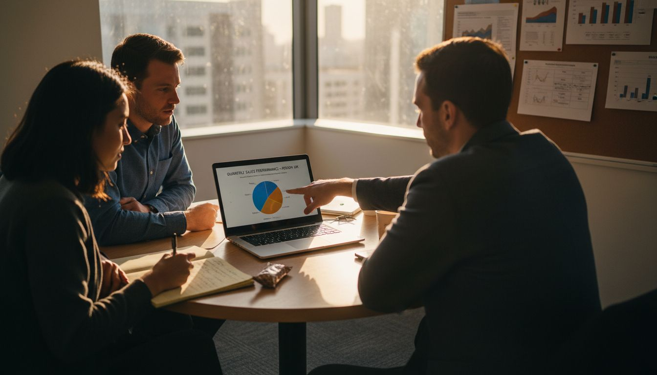 Sales team reviews performance metrics in office